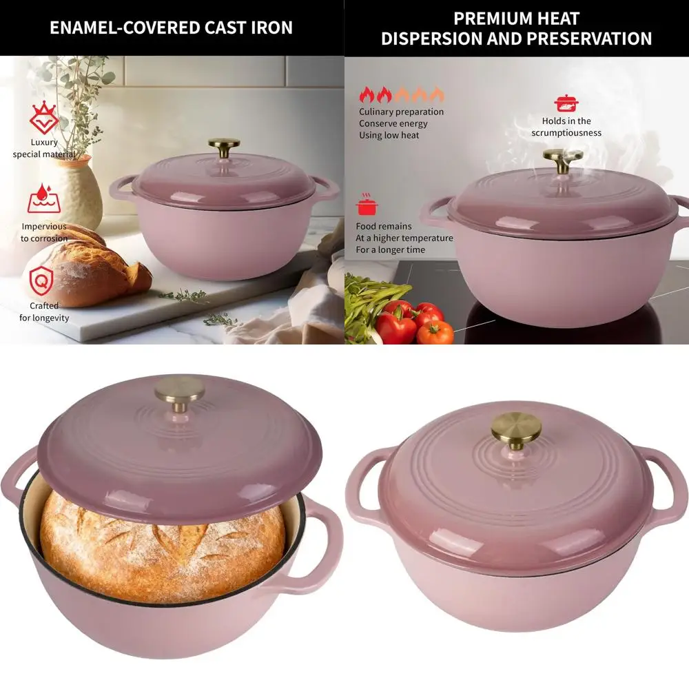 

Чугунная эмалированная сковорода-казан (5,5 кварты, овальная) с антипригарным покрытием для выпечки хлеба на закваске и хлеба ручной работы (круглая, розовая)