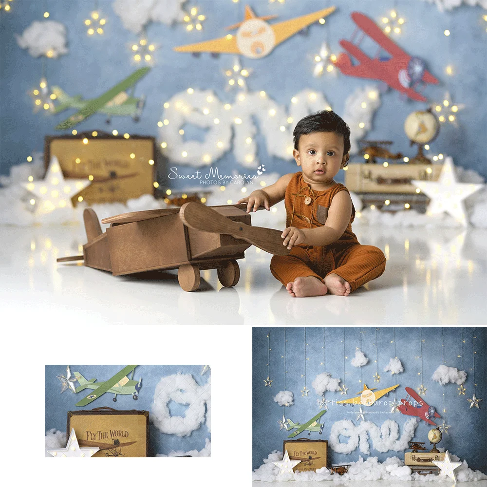

Фоны с изображением самолета и облаков, детский день рождения, торт, реквизит для фотосъемки, детские приключенческие туристические тематические фоны