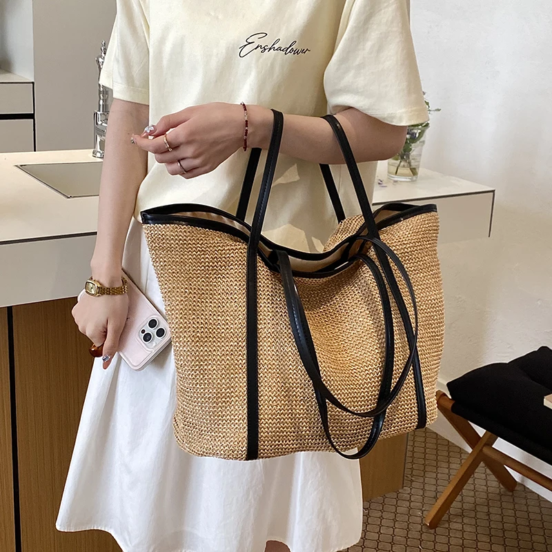 Women PU Leather Straw Woven Shoulder Bag Multi-Purpose All-Match Braid Totes Beach Tote Bags Travel Shopping Handbag