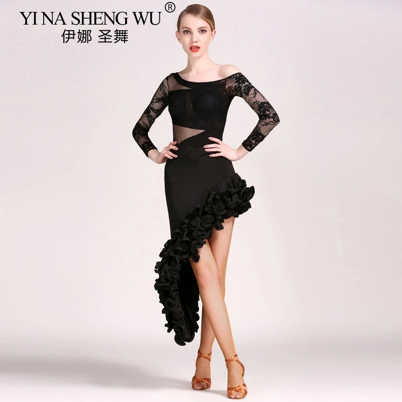 Nouvelle robe de danse latine femmes Sexy maille extensible à manches longues Style fendu robe latine salle de bal Tango Rumba Performance Costume