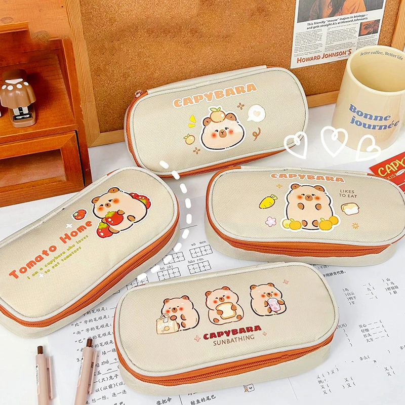 Large Capacity Pen Bag Cartoon Capybara Canvas Pencil Case For Student Stationery Cosmetics Travel Storage Bag School Supplies