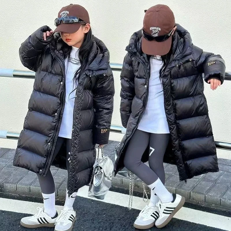 Giacca invernale per ragazze adolescenti 2025 -33 ℃   Parka lungo con cappuccio spesso impermeabile lucido per tuta da neve in cotone caldo alla moda per bambini 4-12 anni