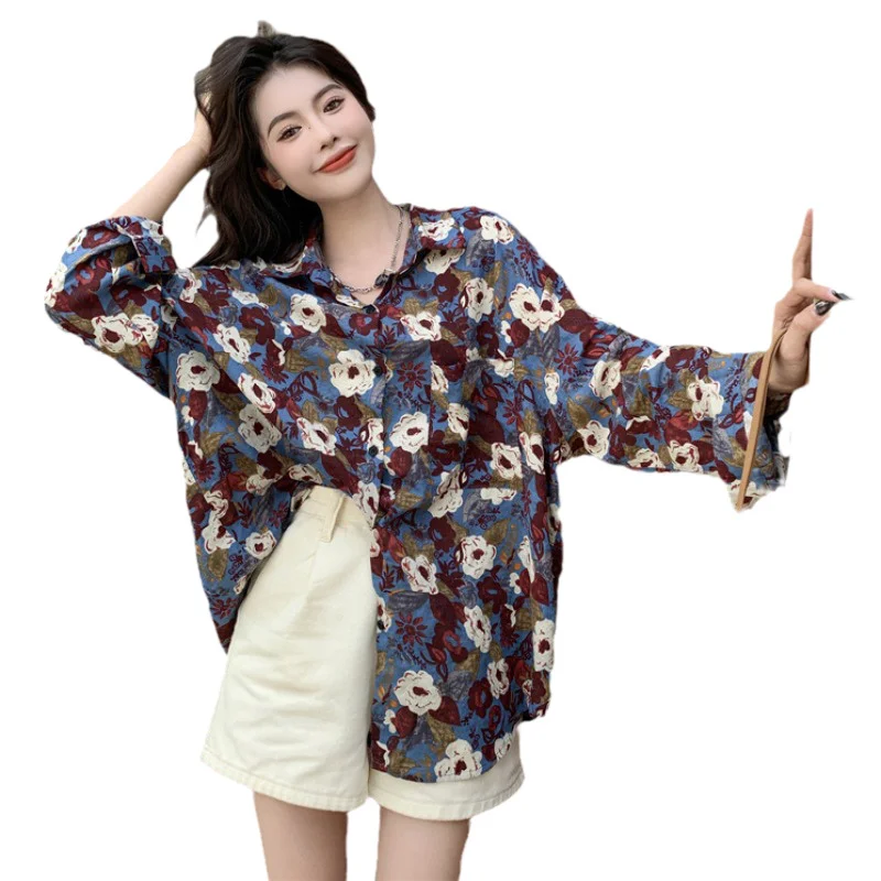 Autumn Floral Shirt For Women Blouses Casual Vintage Long Sleeve Loose Fit Chic Floral Blouse Single-Breasted Ladies Blusas