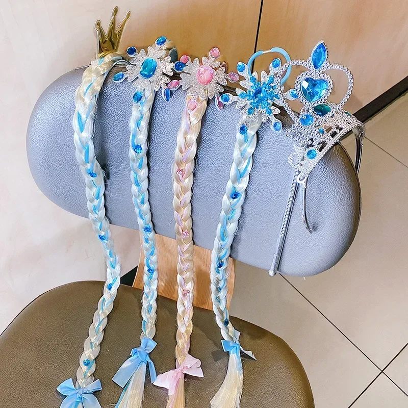 Girls Elsa Cosplay Headband Weaving Braid Tangled Snowflake Crown Headband Hair Accesorries Girl Princess Bow Hair Ornament