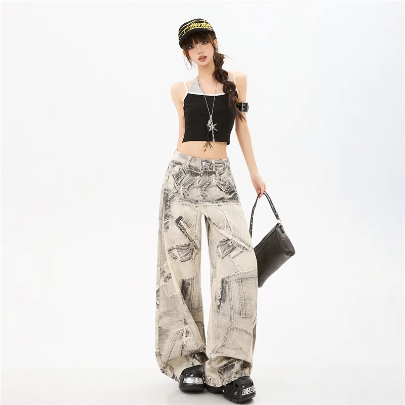 Women's Vintage Print Wide Leg Jeans Loose High Waist Baggy Denim Pants Retro Graphic Floor-Length Trousers Streetwear Y2K INS