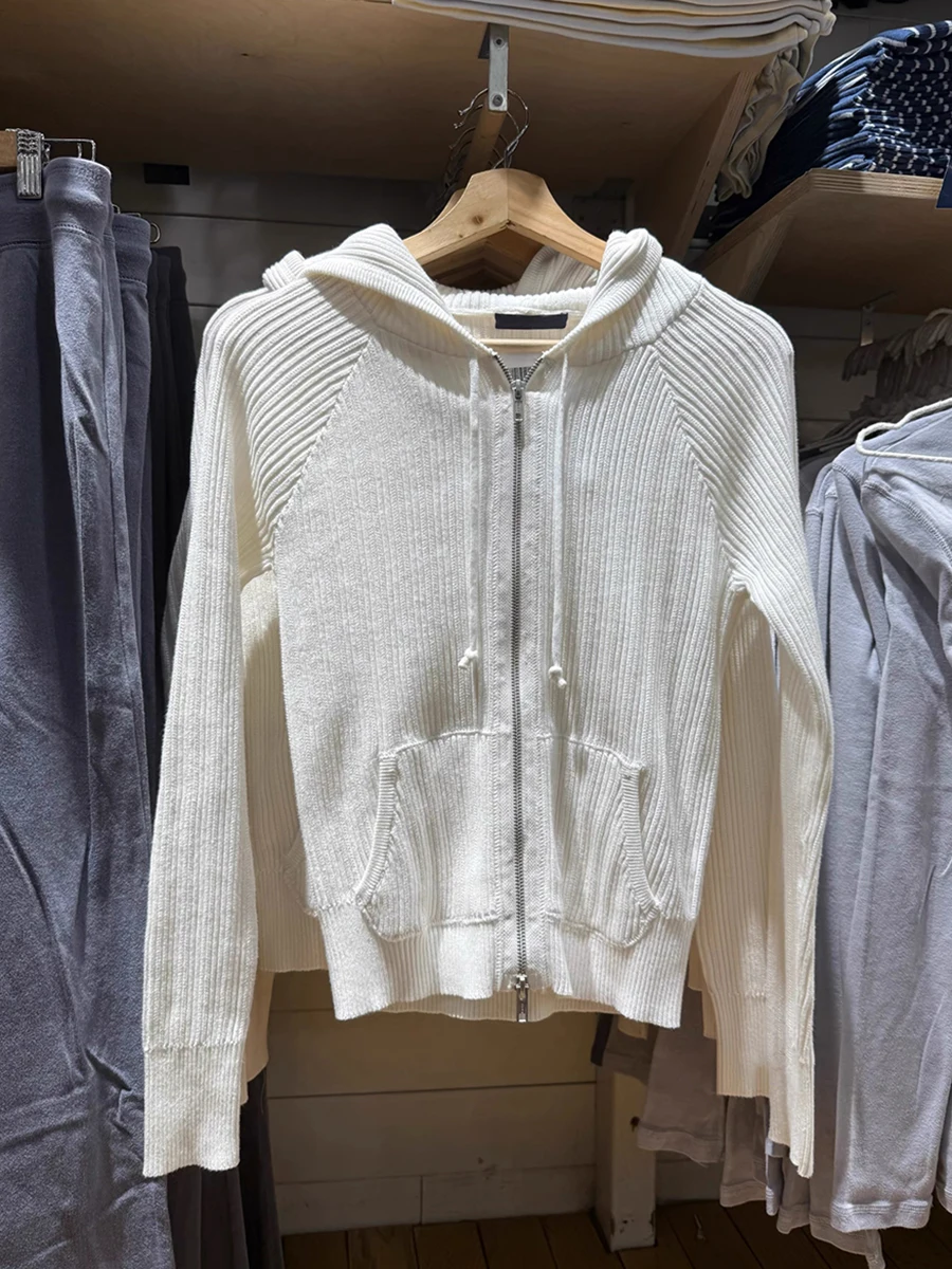 

White Hooded Knitted Cardigan Sweater Autumn Double Zipper Long Sleeve Ribbed Zip-up Sweaters Women Vintage Cotton Slim Tops New