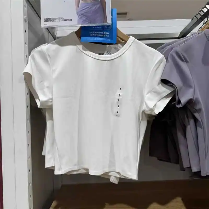 High Elasticity Short Sleeve T-Shirt Women's Change Room Quick Dry Slimming Top Summer Casual round Neck Pure Color Tee