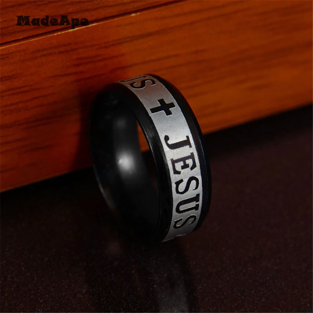 MadApe Classic Jewelry 8mm Stainless Steel Letter Bible Rings Black Silver Color Rose Gold Band Jesus Cross Ring For Men Women