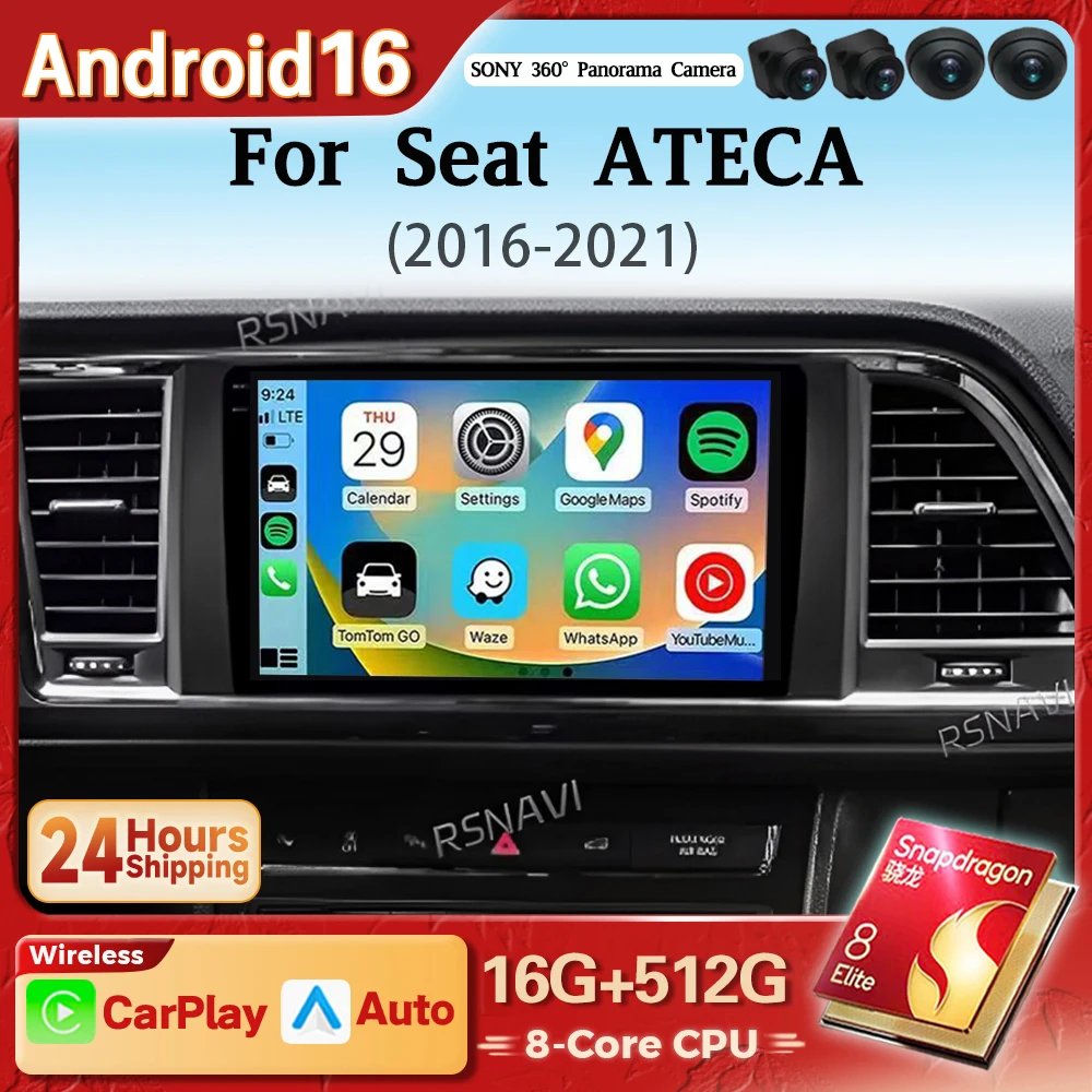 Android 16 Carplay Auto Car Radio Player For SEAT Ateca Cupra 2016 - 2021 Autoradio 2K Screen Navigation WIFI Stereo Snapdragon