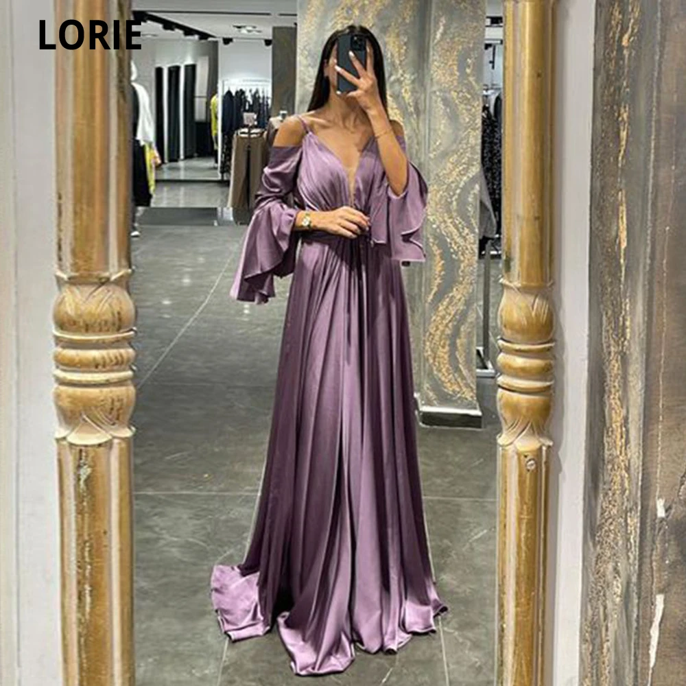 

LORIE Simple Evening Dresses 2022 Stain Spaghetti Straps V-neck Long A Line Pleat Floor Length Prom Dress Vestidos De Noche