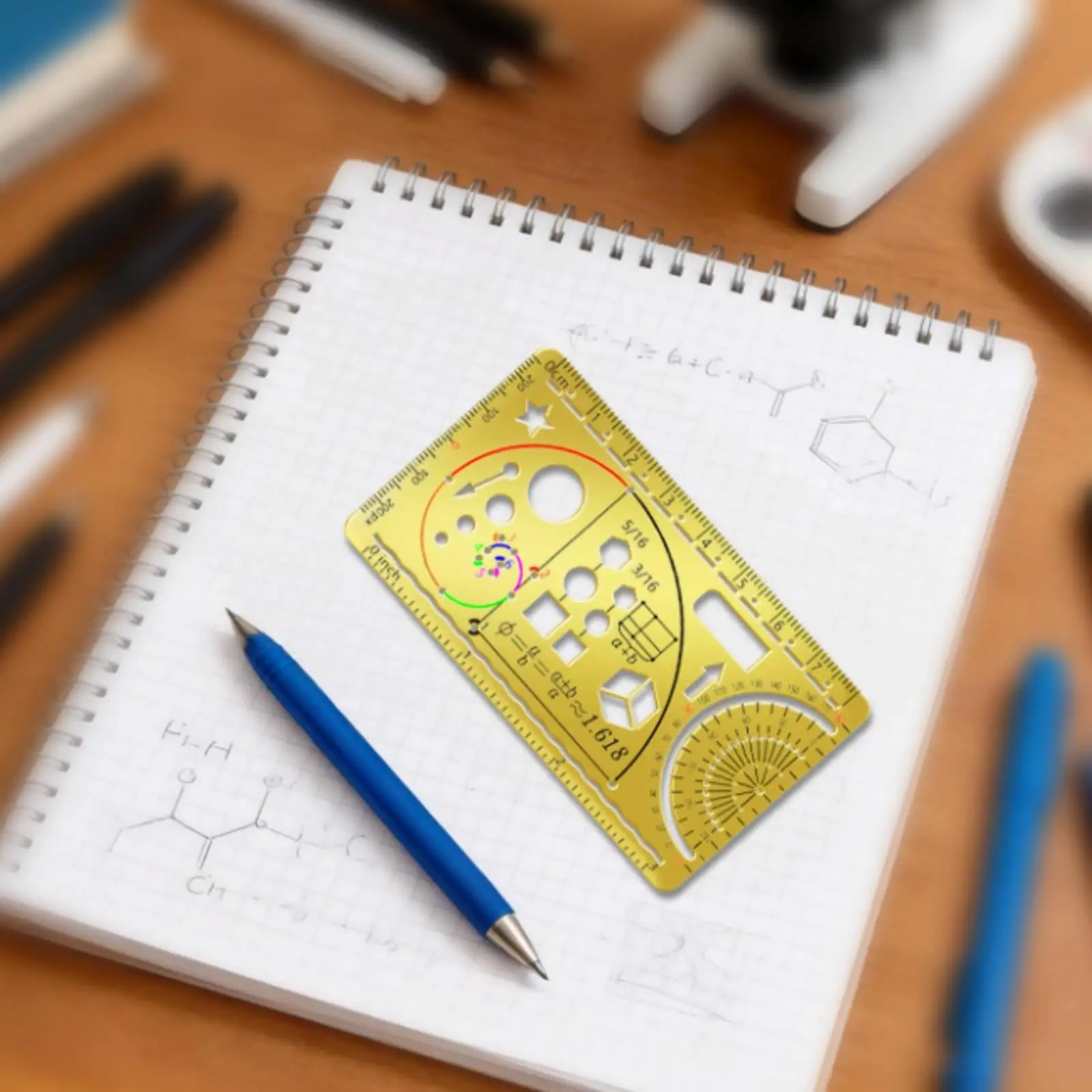 5xGold Stainless Steel Drawing Template Ruler Precision Optimal Proportion Drafting Ruler with Angle Measurer Compact Thin Metal