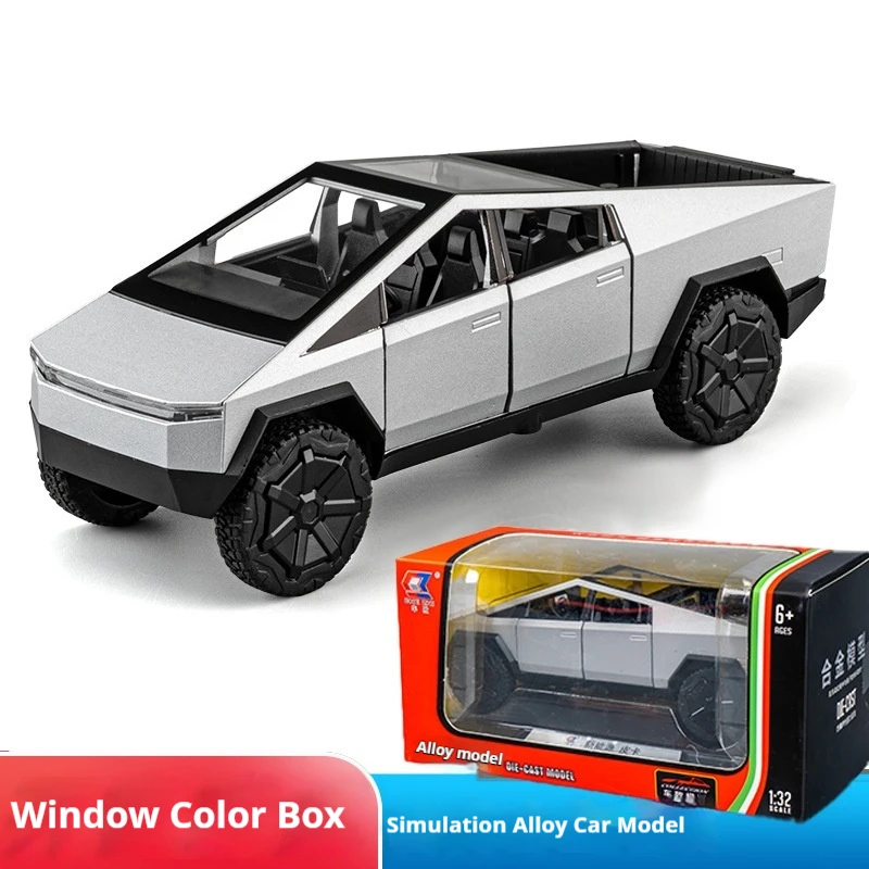 

Модель Cybertruck 1:24, серебристый пикап, металлическая игрушечная машинка с звуком и светом для детей от 3 лет