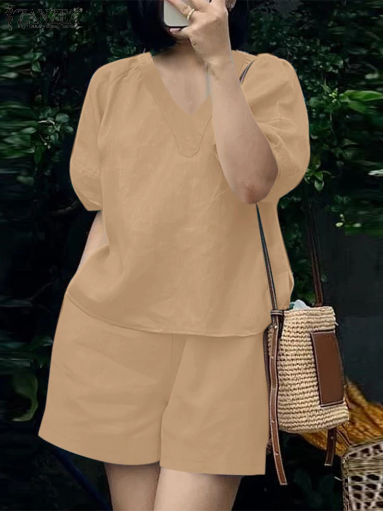 

ZANZEA 2025 Summer Woman 2 Piece Short Sets Casual Loose Half Sleeve V-Neck Tops Solid Elastic Waist Shorts 2PCS Outfits Suits