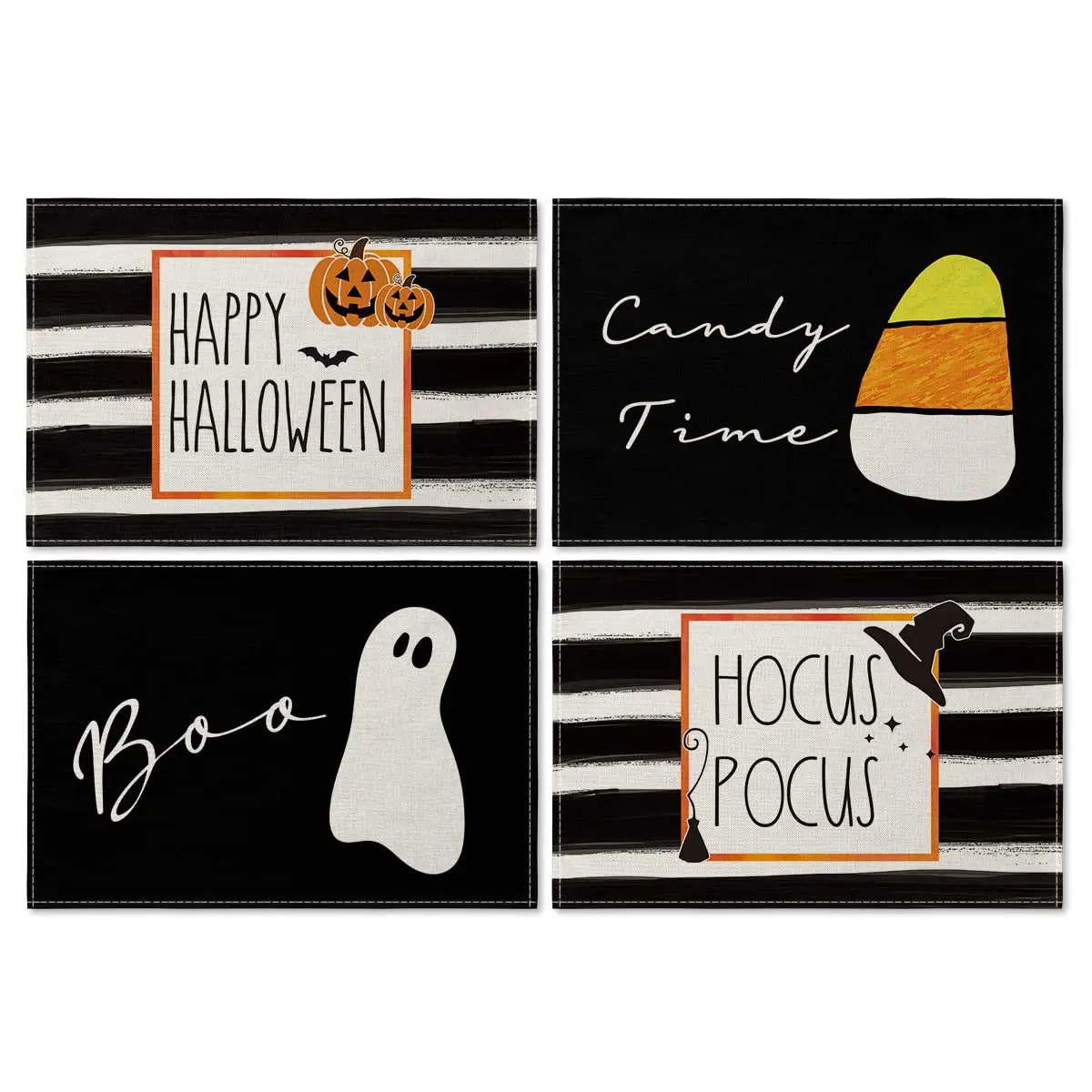 

Happy Halloween Strips Placemats for Dining Table, Washable Table Mat, Fall Candy Time Hocus Pocus Holiday, Set of 4, 12x18 Inch