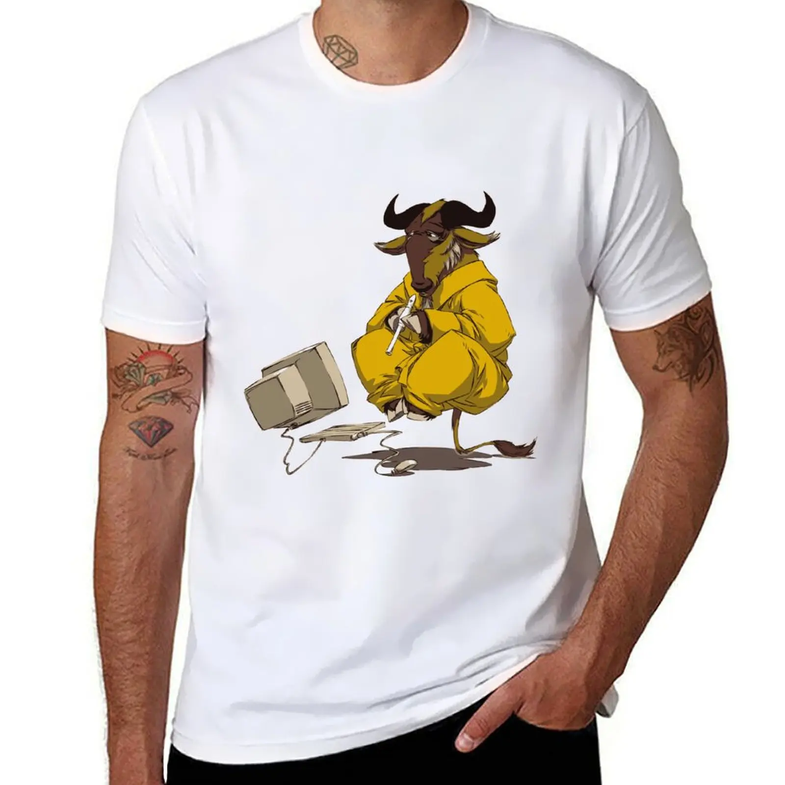 

GNU Meditating And Playing The Flute T-shirt Blacks Anime Boys Animal Print Cute Clothes Men's T Shirts