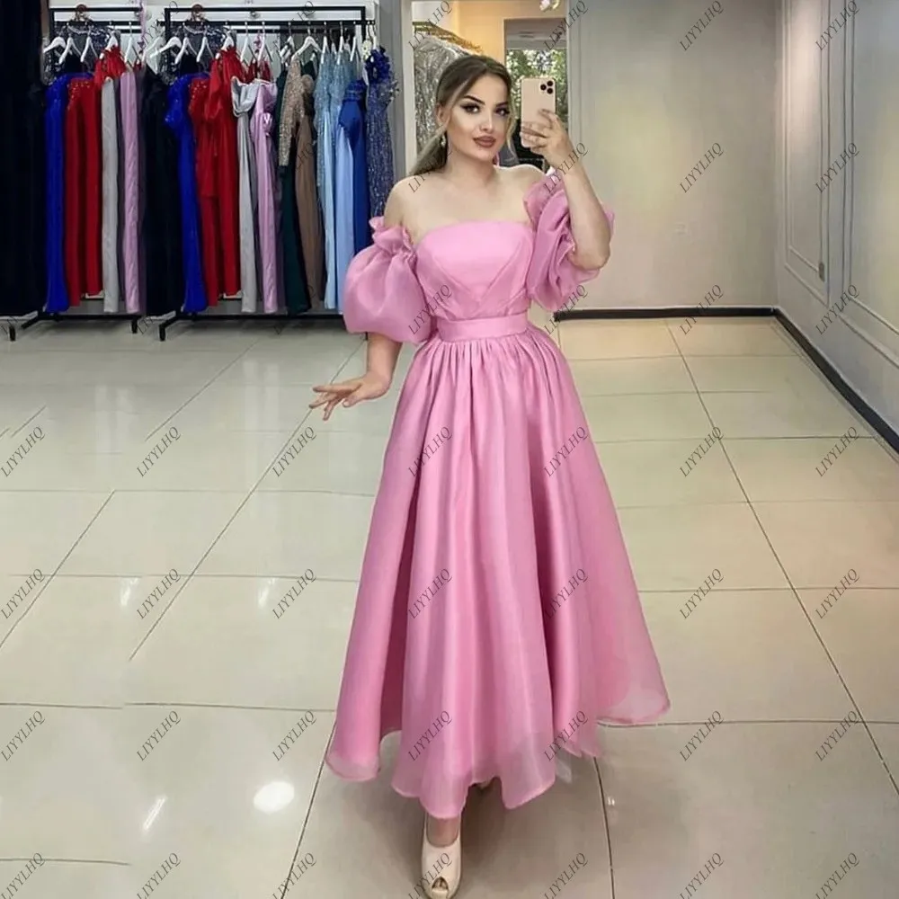 LIYYLHQ Shot Puff Sleeves A Line Prom Gowns Candy Color Pink Strapless Graduation Dress Elegant Women Wedding Party Dress Cockta