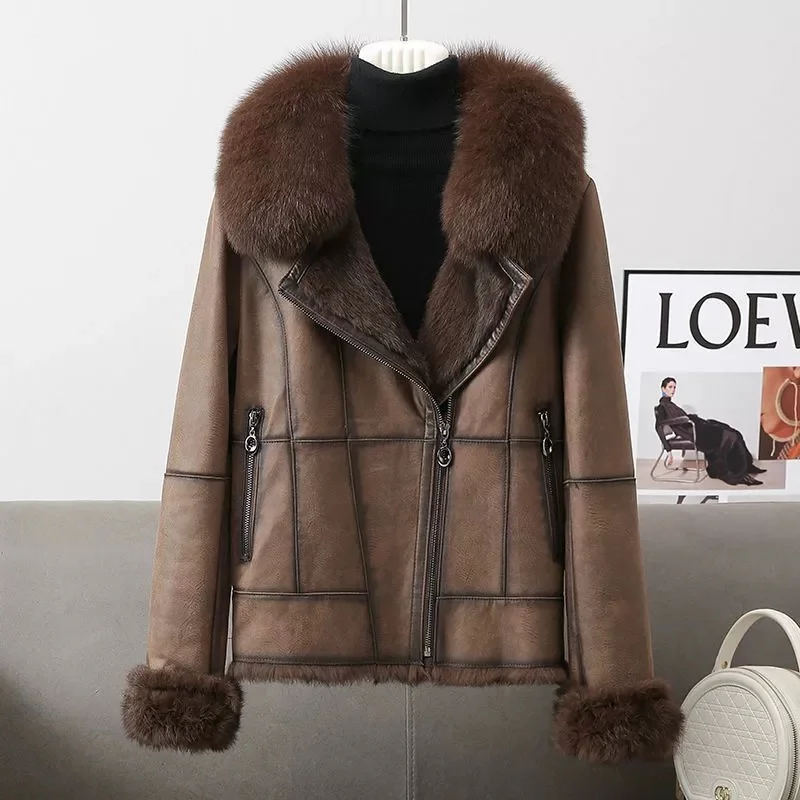 High-quality Streetwear Winter Rabbit Fur Coat Women's Fox Fur Collar Double-faced Suede Furs Short Jacket Warm Outerwear