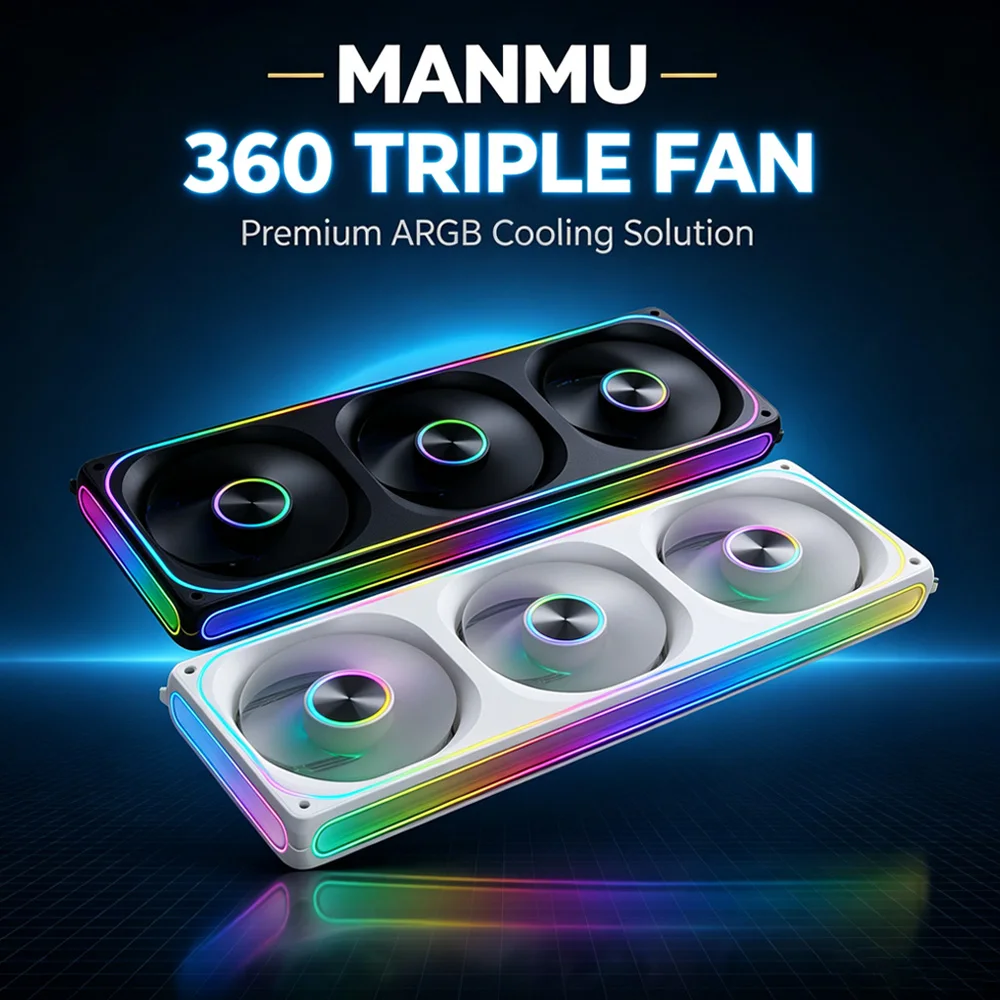 MANMU 360mm ARGB PC Case Fan 3-in-1 Triple Fan Addressable RGB Silent High Airflow Cooling Fan for Gaming Computer Chassis