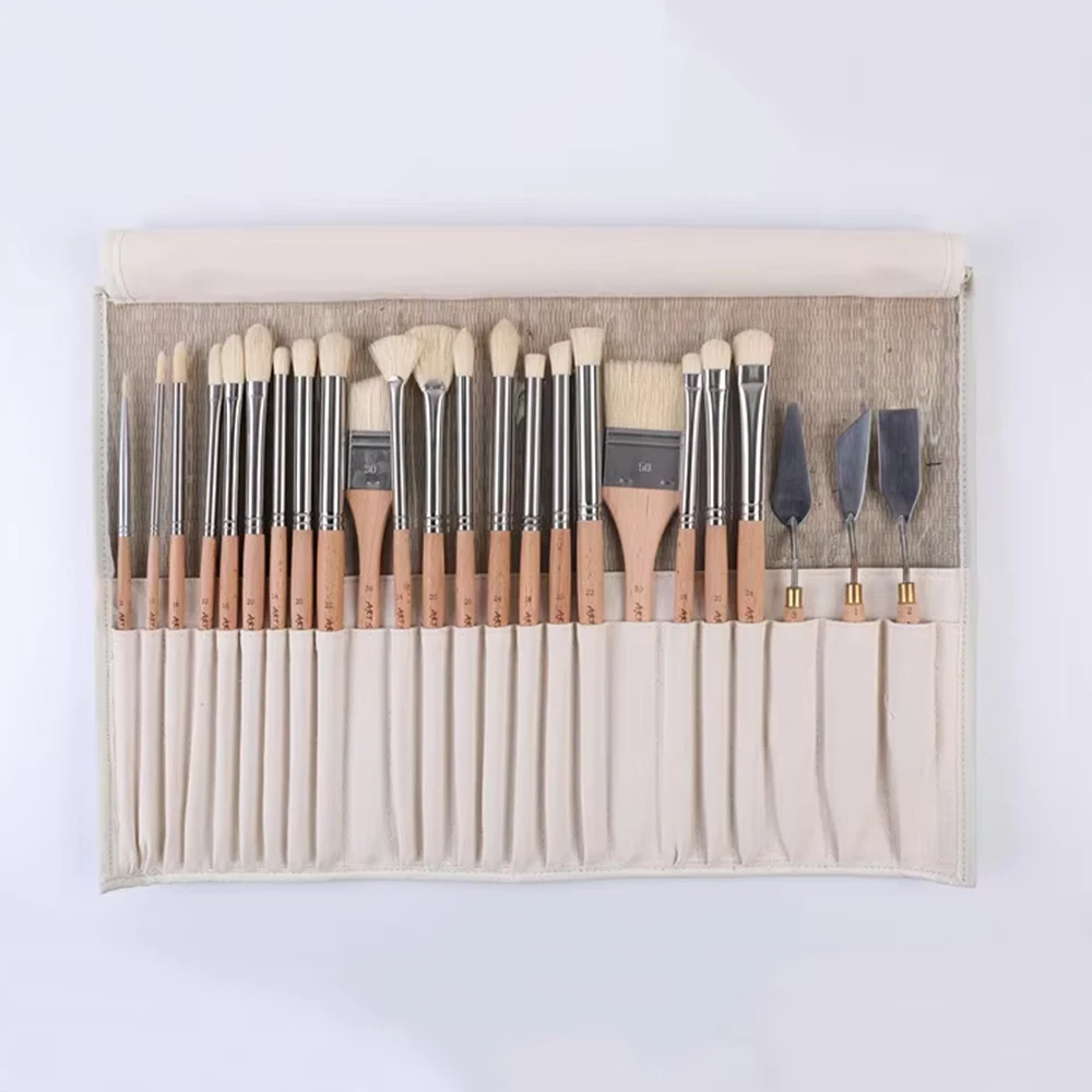24pcs Paint Brushes and Paint Scrapers Set with Bamboo Woven Canvas Pouch Hard Chungking Hog Bristle Brushes for Oil Acrylic