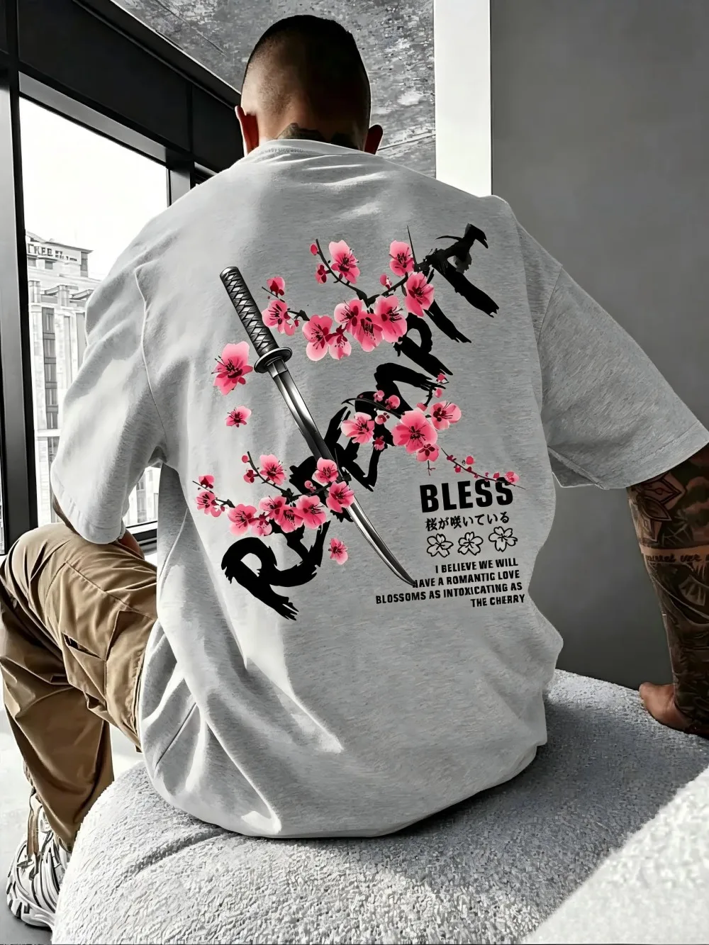 Hot selling men's summer samurai sword cherry blossom letter print soft and breathable round neck T-shirt outdoor casual top
