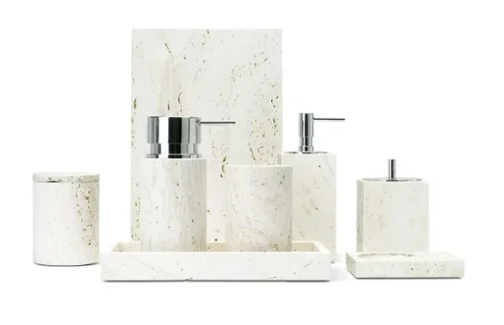 

Бежевый травертин, туалетные принадлежности для ванной комнаты, дозатор мыла из натурального камня, держатель для зубных щеток, лоток, коробка для салфеток, аксессуары для ванной комнаты