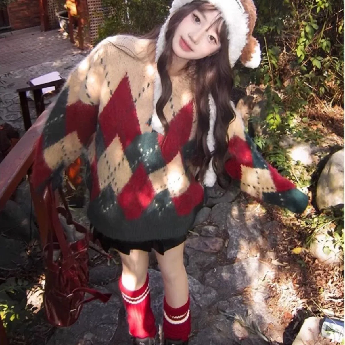 คริสต์มาสอาร์ไกล์ถักเสื้อสวมหัวผู้หญิงฤดูหนาวขนเฟอร์นุ่มสบายเสื้อถักสาวโชโจความงามคาวาอิน่ารักเสื้อสเวตเตอร์ขนาดใหญ่ Y2K