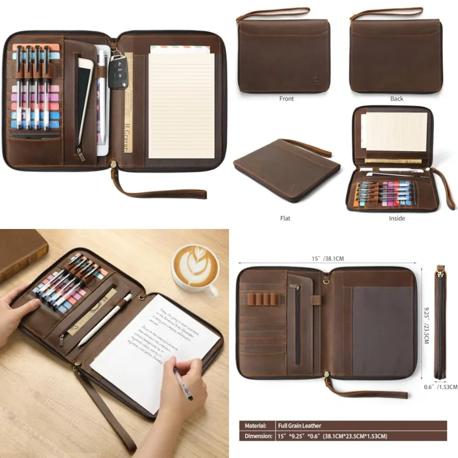 

Genuine Leather Portfolio with Zipper, Padfolio Portfolio Organizer Folder for Men Women, Professional Business Card Holder for