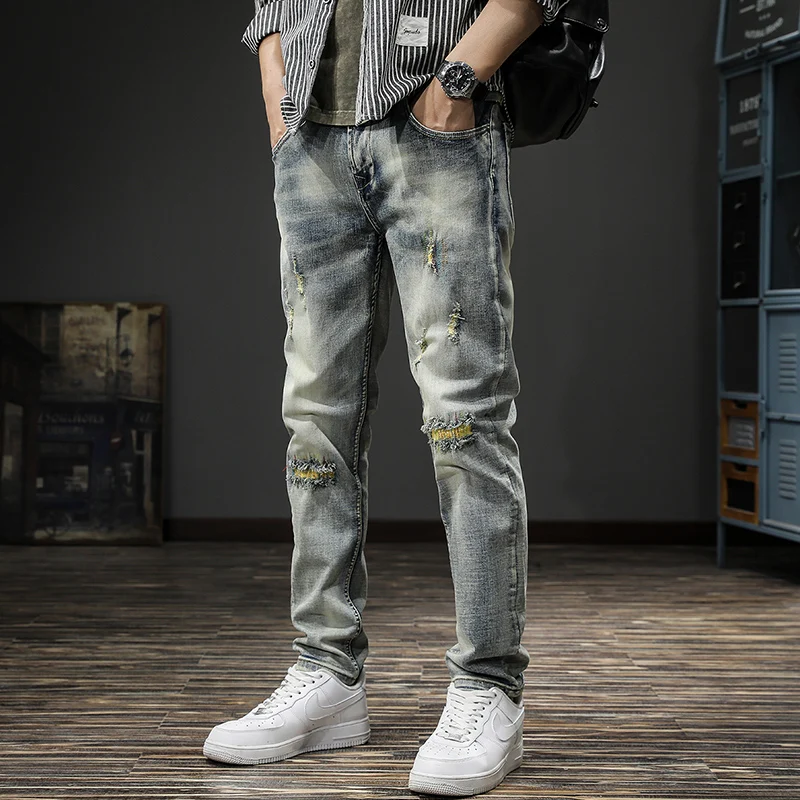 

Street Fashion Men Jeans Retro Washed Blue Stretch Slim Fit Ripped Jeans Men Embroidery Patched Designer Vintage Denim Pants