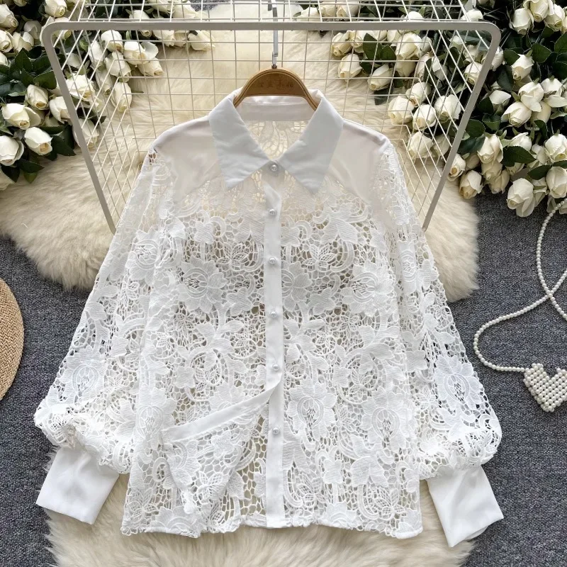 Neploe Elegant Chic Temperament Blouses Femme 2024 Autumn Hollow Out Hook Flower Embroidery High-End Style Sweet Lapel Shirts