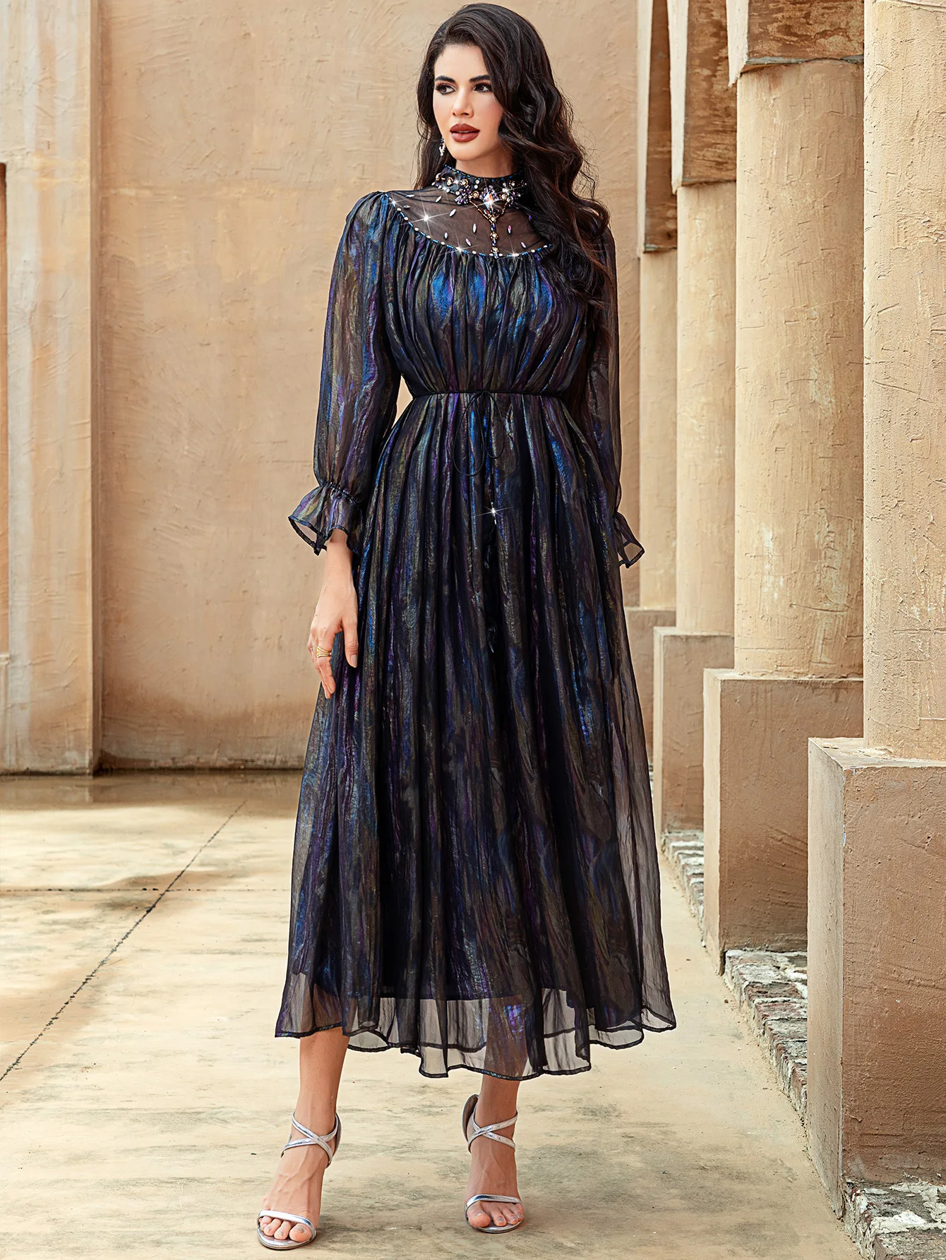 

Fashion Shiny Diamonds Abaya Women Muslim Dress Turkey Dubai Kaftan Caftan Musulmane Femme Vestidos Robe Evening Arab Vestidos