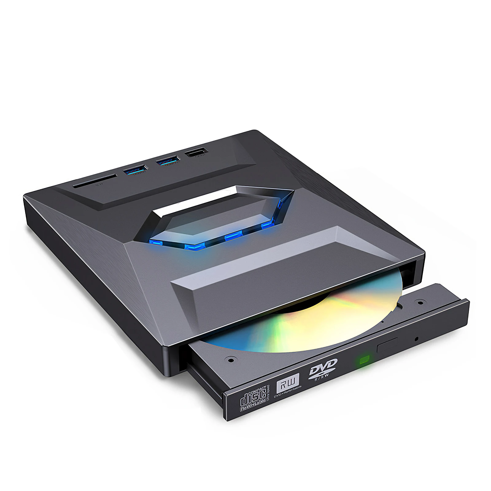 Wielofunkcyjny zewnętrzny napęd DVD z interfejsem USB typu C, wyposażony w hub USB i czytnik kart SD, nie wymaga instalacji sterowników, wystarczy podłączyć i używać, cichy, przenośny napęd CD/DVD. — 2