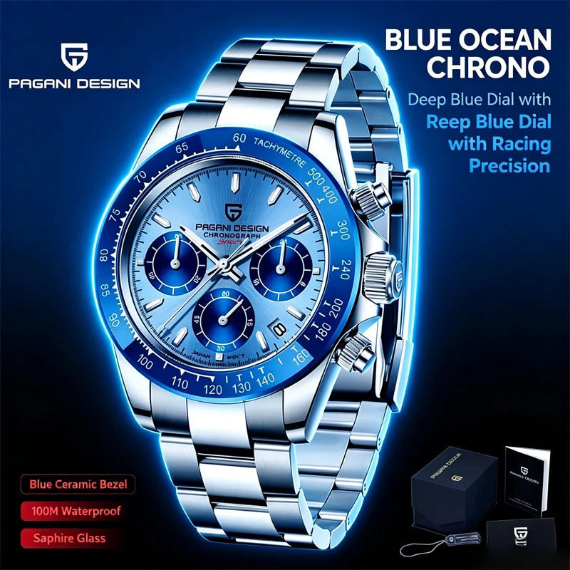 PAGANI DESIGN PD1644 Men's VK63 Quartz Chronograph Watch Sapphire Glass Stainless Steel 100M Waterproof Sport Wristwatch