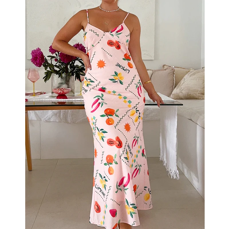 Women y2k Fairycore Vintage Graphic Printed Maxi Dress Spaghetti Strap Floral Midi Slip Dress Backless Long Flowy Sundress