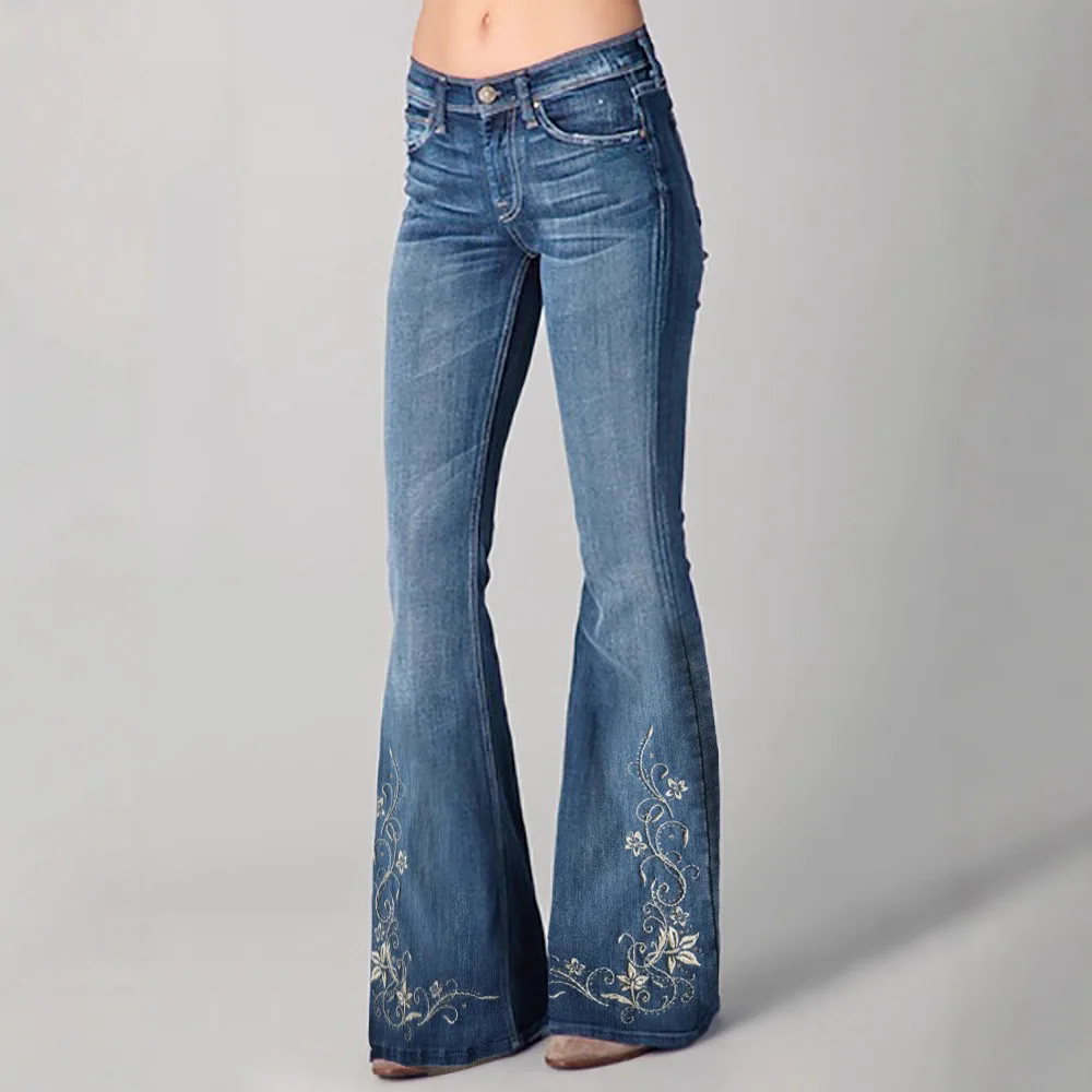 بنطال جينز نسائي مطبوع بخصر عالٍ ومتوهج من قماش الدنيم بوهو عتيق بأرجل واسعة للحفلات والملابس اليومية