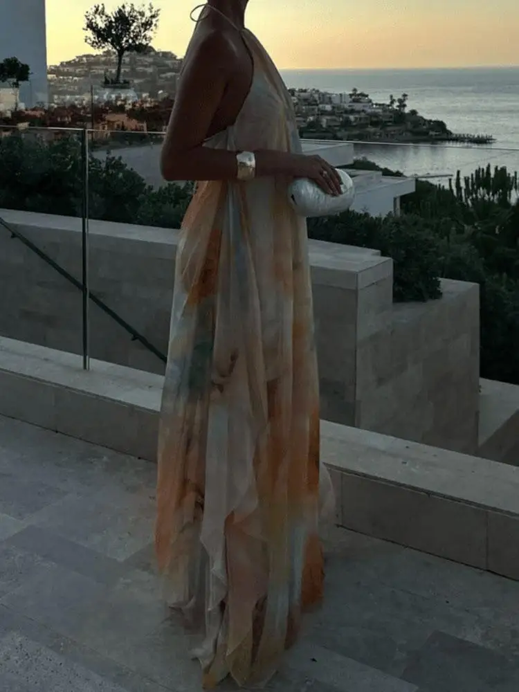 Damesmode Patroon Print Losse Boheemse Jurk Sexy Backless Hollow Feestjurk Elegante Halter Mouwloze Vakantie Lange Jurk - afbeelding 2
