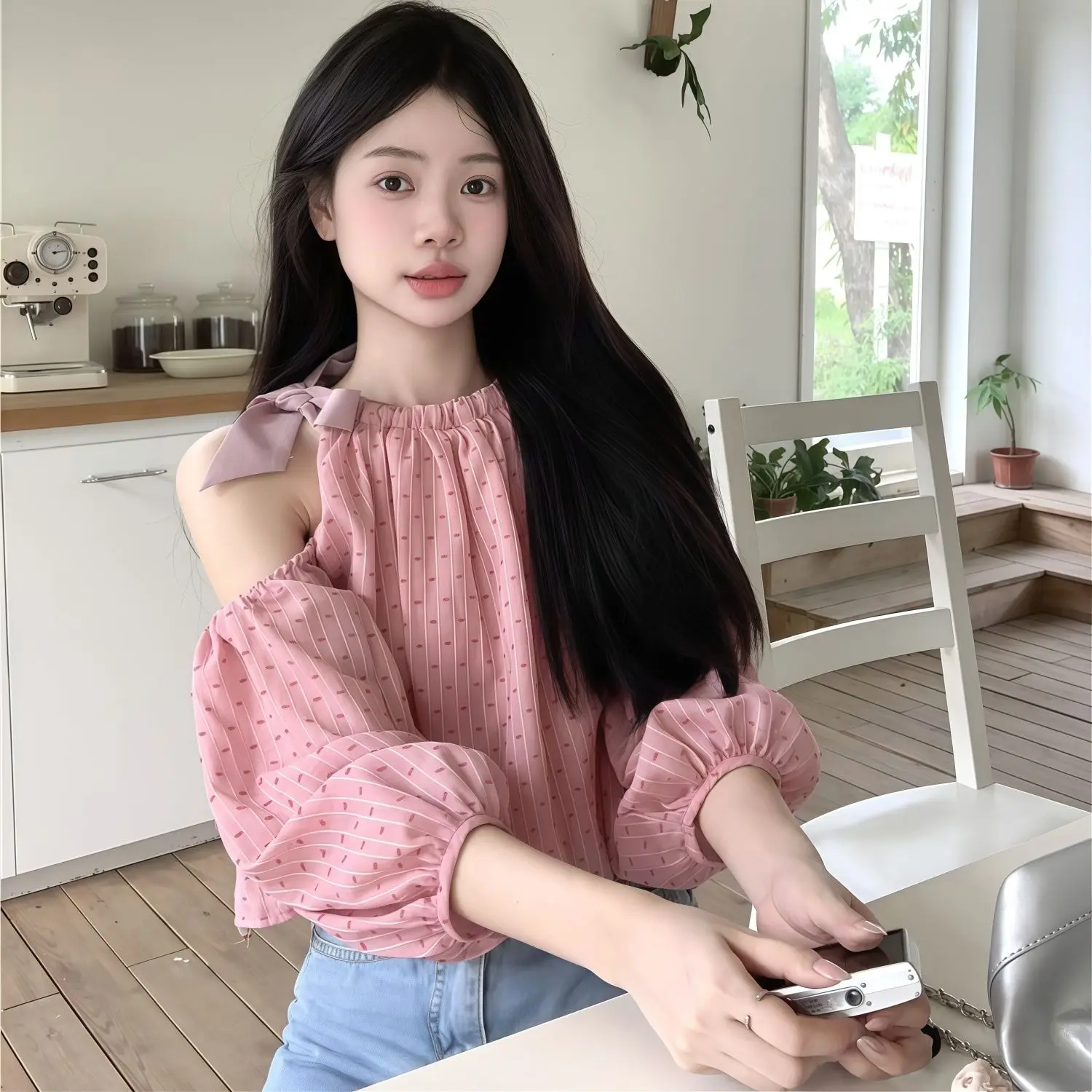 

Нежная женская блузка, элегантная рубашка с круглым вырезом и открытыми плечами, корейская модная одежда, топ с длинными рукавами и милым принтом