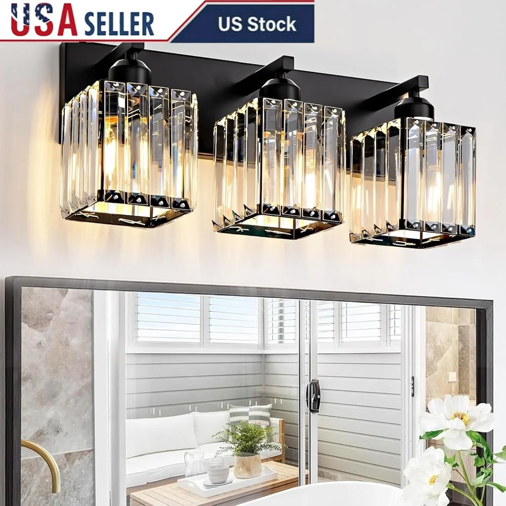 

Black Bathroom Vanity Light 3 Lights Modern Crystal Wall Fixtures Dimmable Metal Lighting Over Mirror Bathroom Living Room