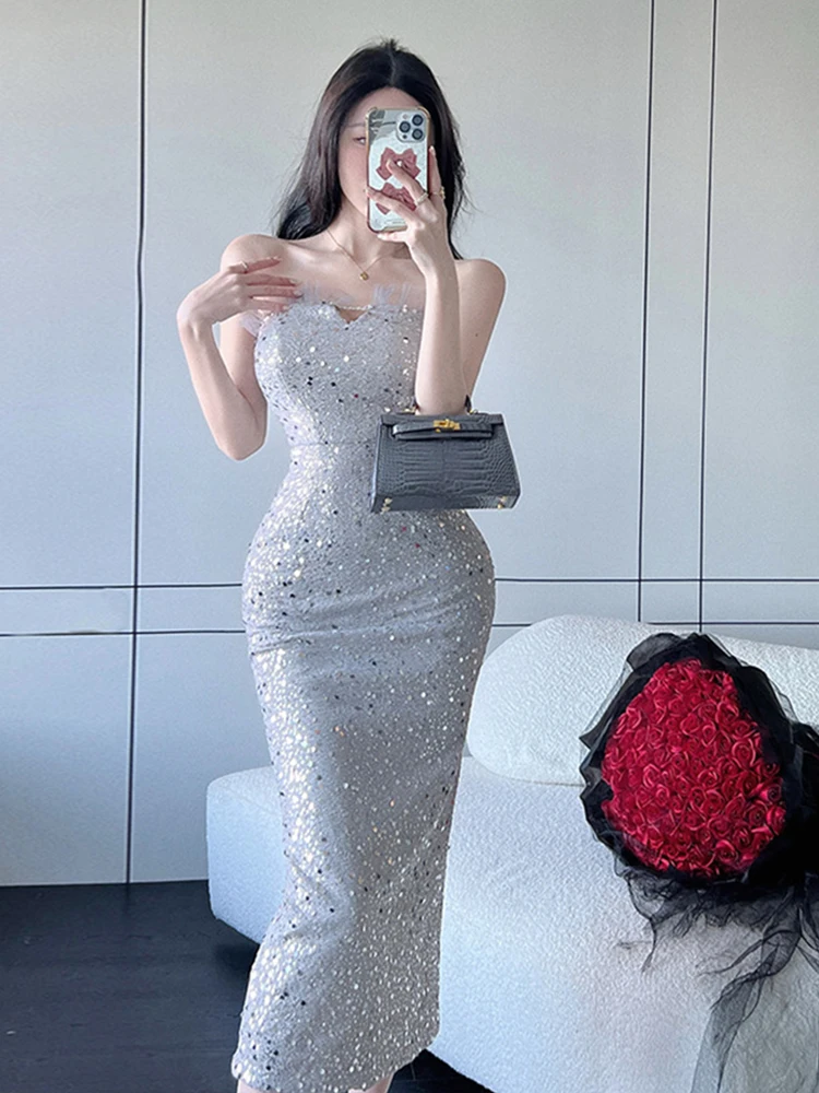 

Summer Elegant Luxury Women Evening Dress Chic Glitter Sequin Sexy Chest Wrapped Skinny Maxi Dresses Party Gown Vestidos Fiesta