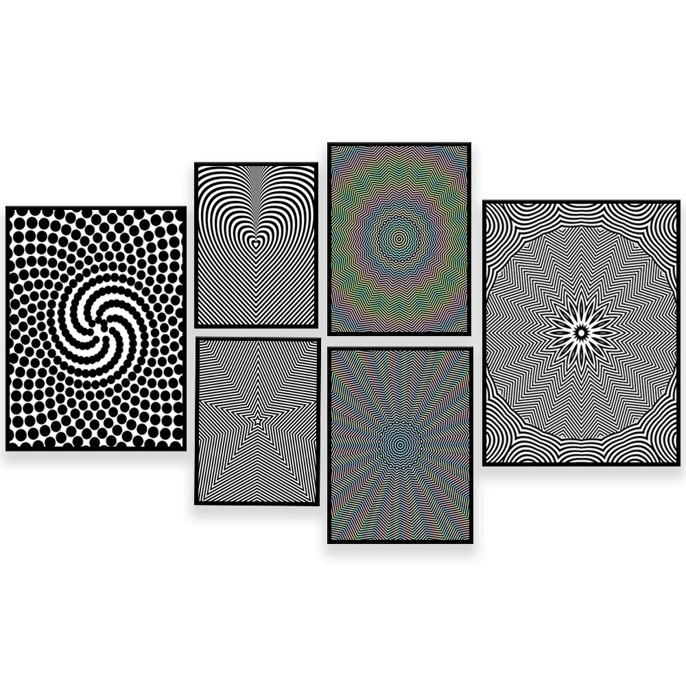 Abstract geometric artwork optical illusion, iridescent, hypnotic, black and white optical illusion poster, contemporary art