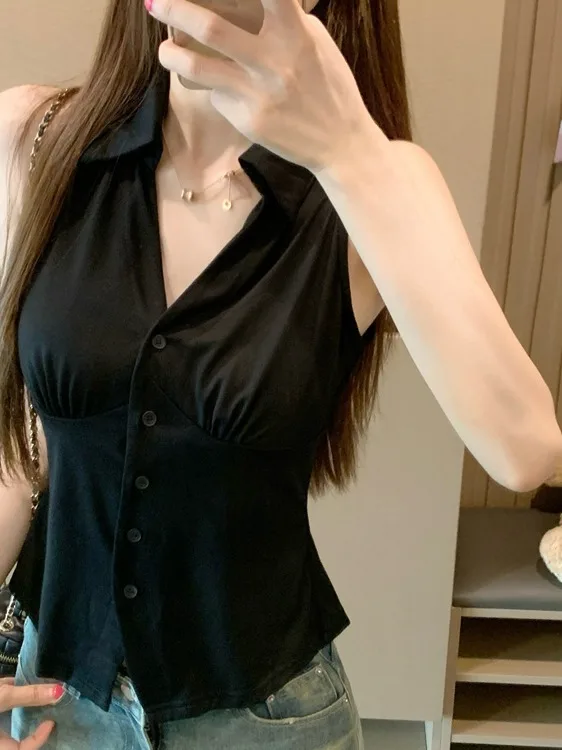 

Summer New Sle Chic Design Sensation Women's Svel Slim Fit Collared Spicy Girl Trendy T-irt Faionable Casual Top