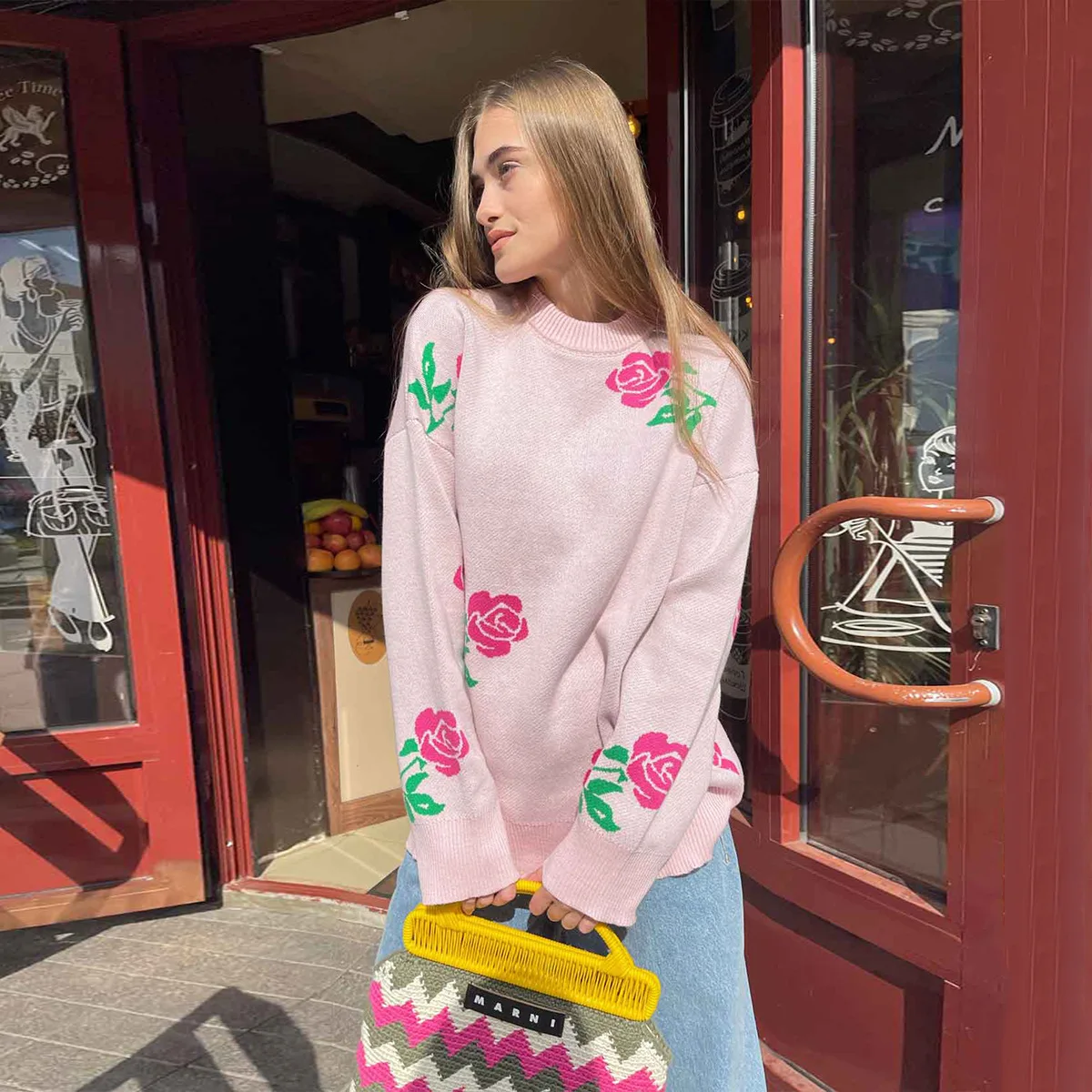 Round neck rose printed sweater sweater European and American autumn and winter new loose pullover sweater for women