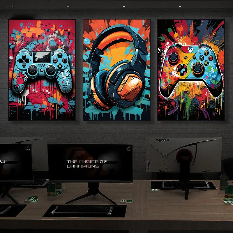 （2D Canvas painting） Graffiti Game Poster Print Gamepad Wall Art Canvas Painting Colorful Game Controller Picture For Boy Gam