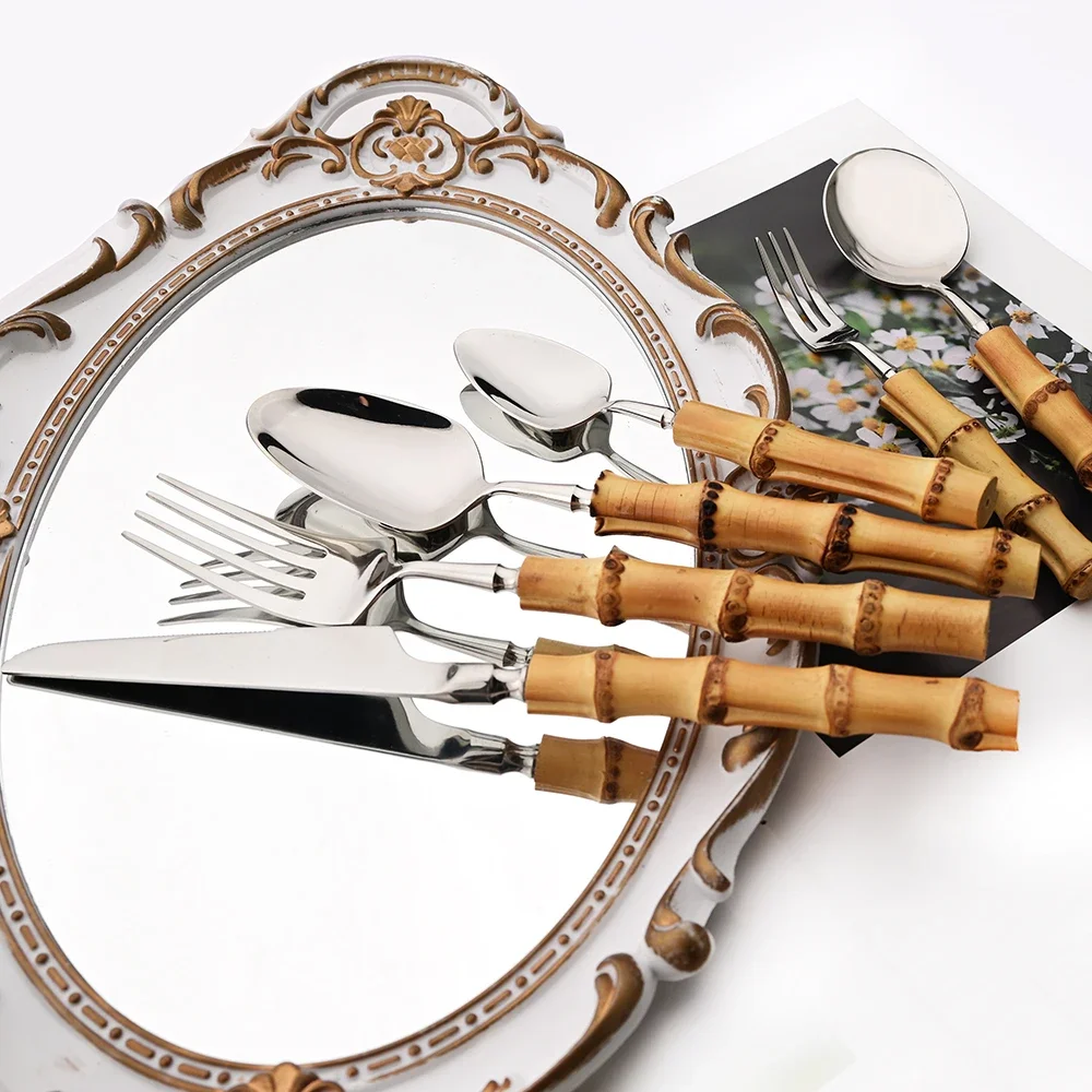 1Pcs Natural Bamboo Handle Cutlery Set Stainless Steel Dinnerware Kitchen Silverware Flatware Dinner Forks Spoon Knife Tableware
