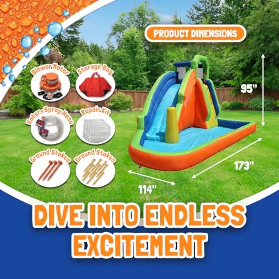 Parque Aquático Inflável com Jatos de Água, Escorregador Aquático, Mangueira de Pulverização Suspensa e Piscina de Respingo M