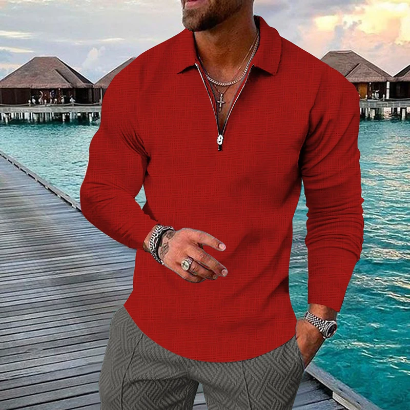 Color 3D Print Polo Zipper Long Sleeve Shirt for Men Button Down Fashion Shirt