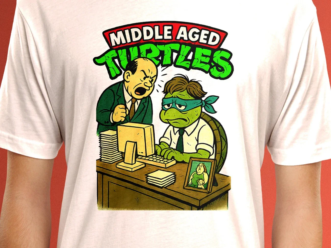 Funny Middle Aged Ninja Turtle T-Shirt: Corporate Parody Tee Vintage T-Shirt, Cartoon Child Shirt