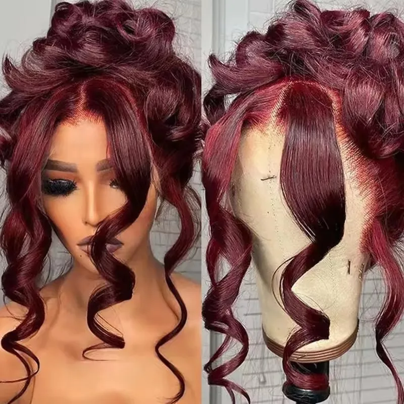 QW Synthetic Hair Burgundy Loose Wave Soft  Lace Front Wig For Women Hair Heat Resistant Fiber Cosplay  Daily