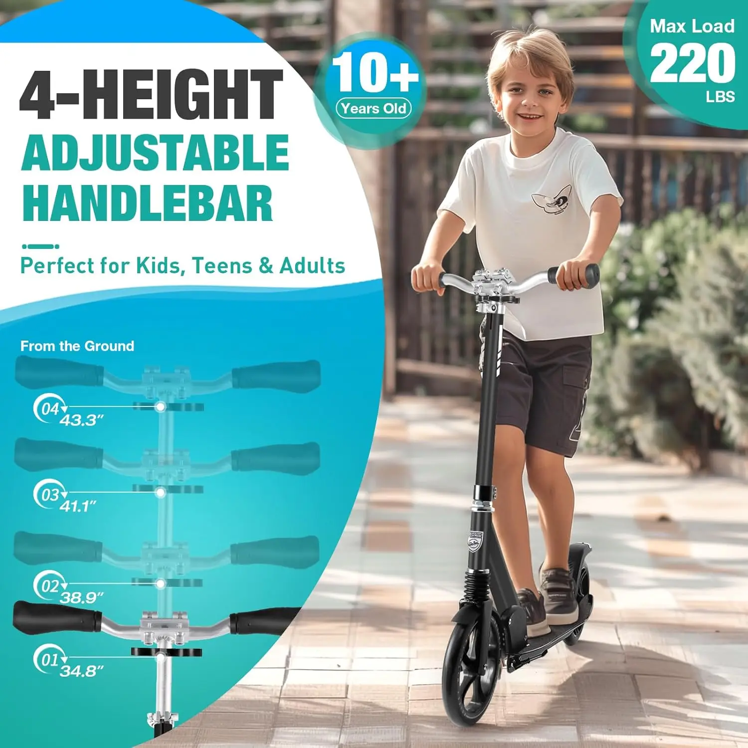 Scooters for Kids 6 Years and up, Folding Kick Scooter 2 Wheel for Adults Teens, 4 Adjustable Handlebar, 200mm Big Wheels, Light