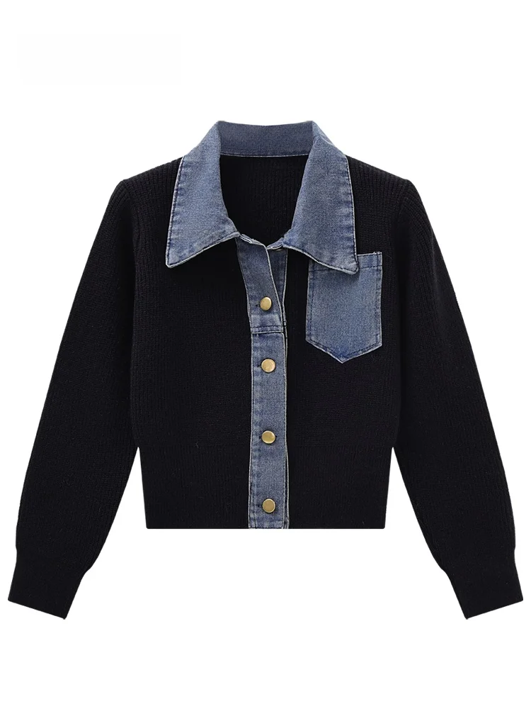 

JZZDEMM Джинсовый лоскутный трикотаж, женский открытый кардиган с воротником-стойкой на талии, винтажный длинный све