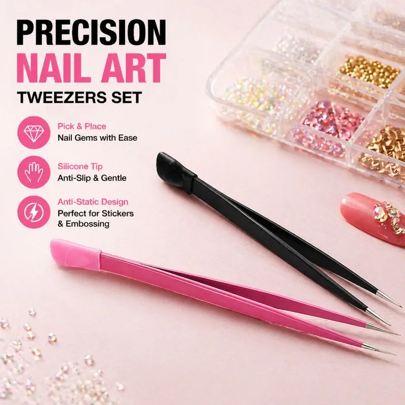 Multifunctional Nail Art Tweezers Set with Silicone Press Tool, Anti-Static Sticker Embossing and Diamond Pickup Tweezers